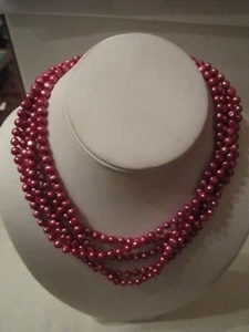 PEARL BEADED NECKLACE - DYED RED - 4 STRANDS - 85g - 17" LONG - Picture 1 of 4