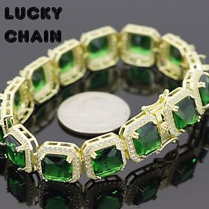 925 STERLING SILVER LAB DIAMOND BLING OUT GREEN STONE GOLD BRACELET 7.8" 43g N42