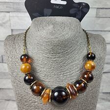 New M&CO Statement Necklace Brown Orange Tones Beads Gold Tone Chain Jewellery 