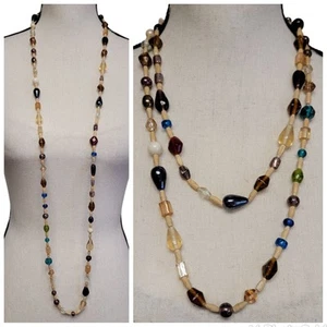 Holz & Glas Perlen Halskette 49" lang bunt beige Mixed Media Boho vielseitig - Bild 1 von 8