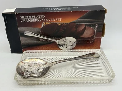Godinger Silver Plated Cranberry Server Set Spoon & Glass Dish With Box - Image 1 of 4