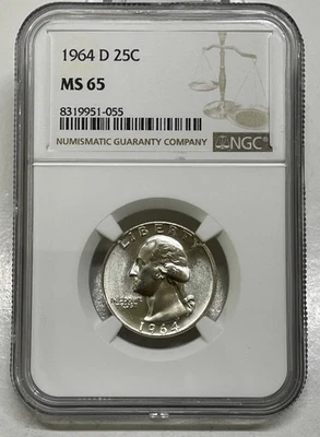 1964-D Washington Silver Quarter 25c NGC MS 65 Uncirculated Mint State - Image 1 of 4