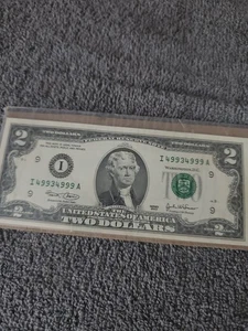 Five Of A Kind Fancy Serial Number 49934999 TRINARY Note ! Two Dollar Bill - Picture 1 of 4