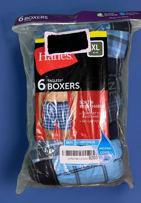 Боксеры Hanes 6 без бирок размер XL 40-42 дюйма комфортный гибкий пояс без зазоров впитывающий - Изображение 1 из 4
