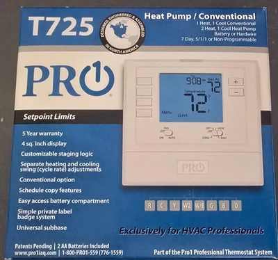 NEW- PRO1 IAQ T725 Digital 7-Day or 5/1/1 Programmable Thermostat HVAC - Image 1 of 4