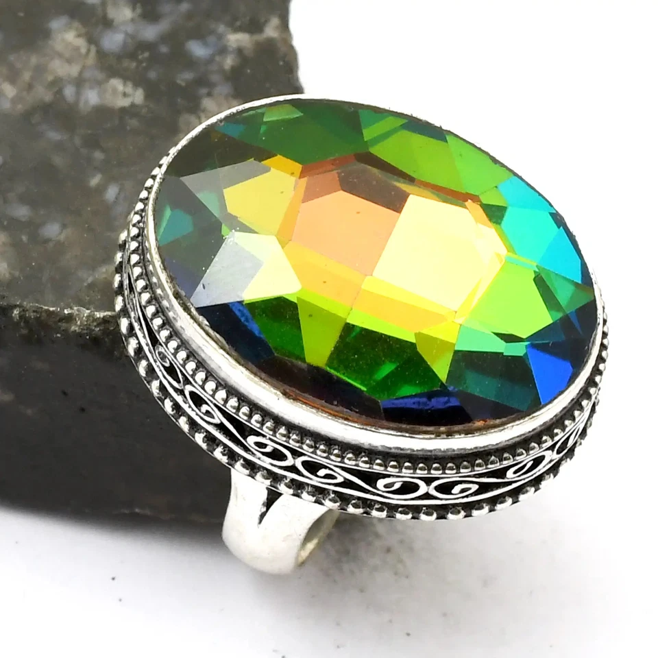 Mystic Topaz Gemstone Handmade Antique Design Ring Jewelry US Size-8.25 AR 26506 - Image 1 of 1