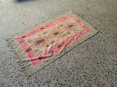 Vintage Turkish Kilim Rug 3 x 5.4 ft  Handwoven Wool Tribal Carpet in Pink Tones - Image 1 of 4