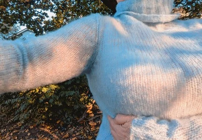 Sexy, Sweet baby-blue Cowl Neck, Mostly Mohair  sweater. Fluffy-and- Fuzzy - Image 1 of 4