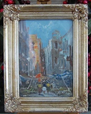 DE COLECCIÓN AÑOS 60 PEQUEÑO FIRMADO ENMARCADO IMPRESIONISTA ÓLEO MERCADO EUROPEO ESCENA CALLEJERA Foto 1 de 4