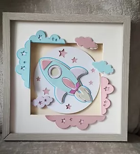 Space rocket picture, girls bedroom, boys bedroom, layered picture, nursery deco - Picture 1 of 5