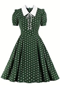 rockabilly Puffärmel Swing Kleid retro Polka Dots Petticoatkleid grün - Picture 1 of 9