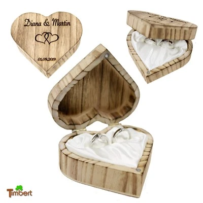 Rustikale RINGBOX aus HOLZ Herz Vintage Hochzeit Ringkissen PERSONALISIERT BoHo - Bild 1 von 4