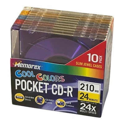 Memorex Pocket CD-R Cool Colors 10 Pack 210MB 24 Min Slim Jewel Cases NEW - Image 1 of 4