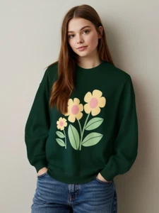 Retro Floral Sweatshirt - Cute Flower Graphic Crewneck - Comfort Fit - Picture 1 of 6