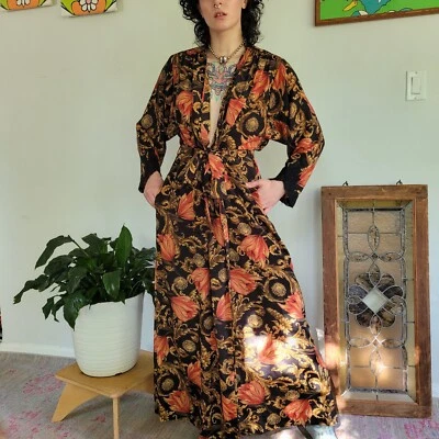 Vestido largo floral Natori negro/naranja pequeño ribete de encaje Foto 1 de 4