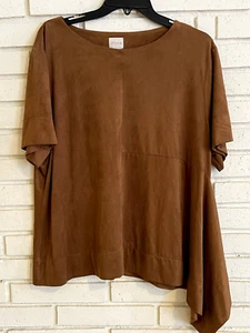 Chicos 3 Top Womens sz  XL Brown Asymmetrical Hem Blouse Casual Basic Faux Suede - Picture 1 of 7