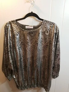 Camicetta vintage Diana Marco donna nero/argento paisley stampa retrò taglia large - Foto 1 di 9
