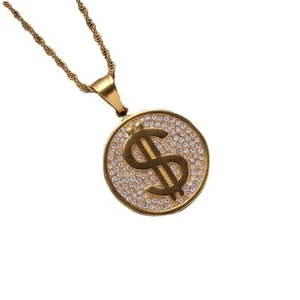 Mens Stainless Steel Gold Rap Hip Hop Money Dollar Sign Pendant Necklace - Picture 1 of 6