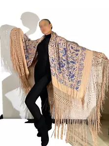 LARGE 1930s Antique Embroidered Silk Piano Shawl tABLE COVER Pink Blue Floral - Picture 1 of 7