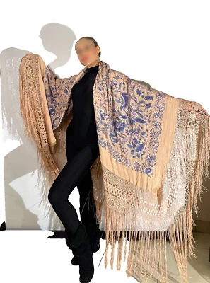 LARGE 1930s Antique Embroidered Silk Piano Shawl tABLE COVER Pink Blue Floral - Image 1 of 4