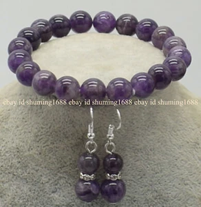 Hübsche 6/8/10/12mm Lila Amethyst Runde Edelstein Armband Ohrringe Set 7.5" AAA+ - Bild 1 von 12