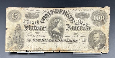 $100 1864 CONFEDERATE CURRENCY Richmond Hundred Dollar Bill #65249 February - Image 1 of 4