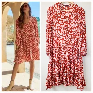 MISTER ZIMI Long Sleeve Rust Leopard Dress SIZE 6 EUC V-neck Red Pink - Picture 1 of 6