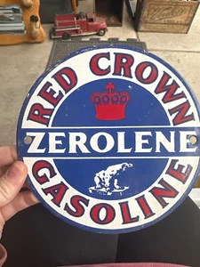 Round 6" Porcelain Red Crown Gasoline Zerolene Sign - Picture 1 of 6