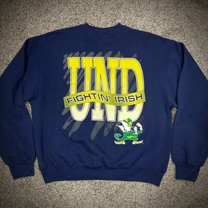 SUDADERA DE COLECCIÓN NOTRE DAME FIGHTIN' IRLANDESA CREW LOGO GRANDE Y AZUL MARINO AÑOS 90 ADULTO - Imagen 1 de 4