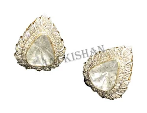 Real Polki Uncut Pave Diamond 925 Sterling Silver Women Dainty Earring Jewelry - Picture 1 of 10