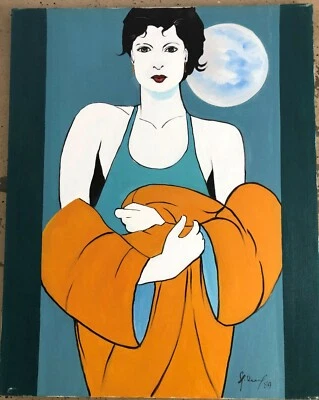 After Patrick Nagel Acrílico sobre Lienzo Pintura Original Art Deco Pop Art Mujer Foto 1 de 4