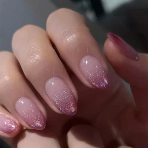 24Pieces Elegant Shimmery Press On Nail Gradients Purple Short Almond Faux Nail - Picture 1 of 8
