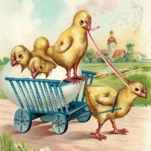 c.1905 Loving Easter Greetings Adorable Chicks Pulling Egg Cart Antique Postcard - Picture 1 of 3