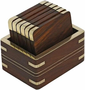 Wooden Table Coaster Set of 6 for Tea Cups Coffee Mugs with fine Brass Work KU - Picture 1 of 3
