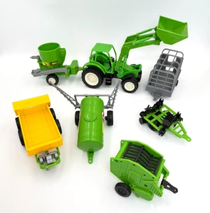 Vtg Popak New Ray Farm Tractor w/ Front Loader & 6 Pieces of Crop Machinery - Picture 1 of 21