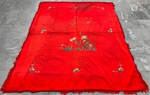 6x7 Vintage Chinese Bedspread Silk Birds Flying Bedspread Embroidered Tablecloth - Picture 1 of 12