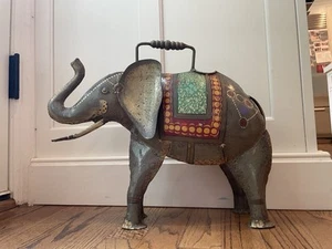 Vintage Hand Painted 15.5" Metal Elephant Watering Cantina Made In India- RARE - Picture 1 of 19