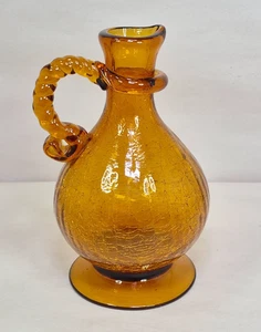 Vintage MCM Hand-Blown Amber Crackle Glass Cruet Pitcher w/ Handle 7.25" Tall - Picture 1 of 15