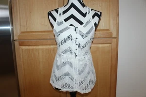 Camicetta donna bongo pizzo davanti 1/2 bottoni senza maniche top bianco sporco taglia large - Foto 1 di 11