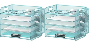 2 Pack 5-Tier Blue Desk Organizer with Handle Mesh File/Paper Remove Pen Holder - Picture 1 of 7