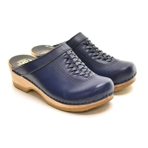 Damen SVEN Front Weave Clogs 38 / 7,5 blau Leder Holz Slipper Absatz Schuhe - Bild 1 von 6