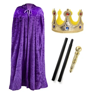 MENS ROYAL KING FANCY DRESS COSTUME PURPLE CAPE GOLDEN CROWN CANE QUEEN ROYALTY - Picture 1 of 4