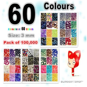 Pack of 100,000 Size 3mm RESIN FLAT BACK RHINESTONES DIAMANTE GLUEFIX CRAFT GEMS - Picture 1 of 62