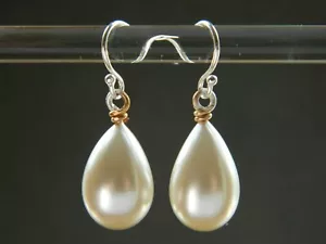 Vintage 1940s Large Pale Cream Glass Pearl Tear Drops & Sterling Silver Earrings - Picture 1 of 12
