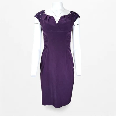 Adrianna Papell Sheath Cocktail Dress US 4 Cap Sleeve Plum Purple Knee Length - Image 1 of 4