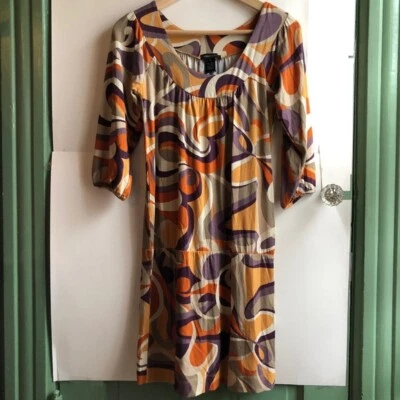 全新 BCBGMAXAZRIA 橙色棕褐色芥末 3/4 袖 60 年代 70 年代 Mod 连衣裙 XS 超小号 — 第 1/4 张图片
