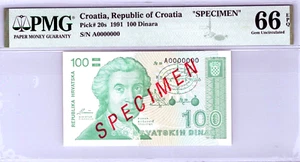 Croatia 100 Dinara (1991) " SPECIMEN " TOP POP Pick# 20s PMG 66EPQ None Finer! - Picture 1 of 14