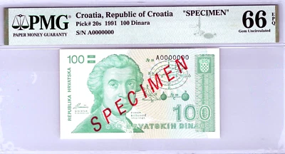 Croacia 100 Dinara (1991) " ESPECIMEN" TOP POP Pick # 20s PMG 66EPQ Ninguno más fino! Foto 1 de 4