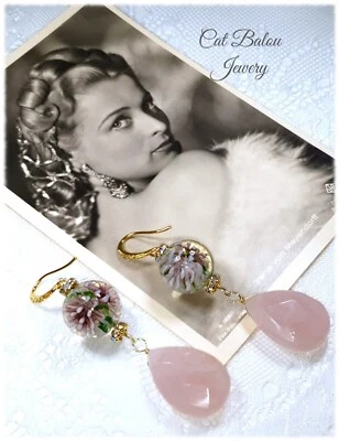 Ohrringe Elegant Rosa Rosenquarz Lampwork Blumen Murano CatBalouJewelry - Bild 1 von 4