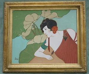 Vintage Ölgemälde Gemälde Dame mit Lilienblöcken signiert ~ PAUL JACOULET Stil - Bild 1 von 1